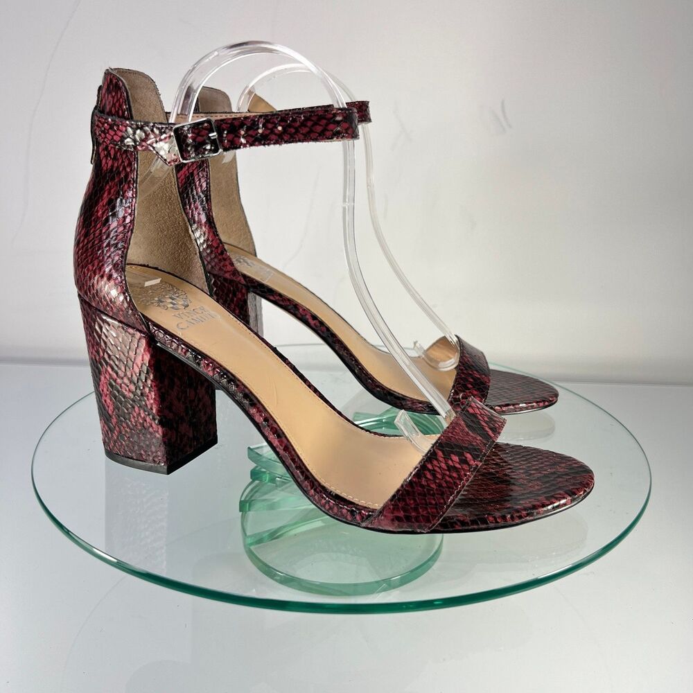 Vince Camuto Beah Heel Sandals Maroon Red Snakeskin Ankle Strap Open Toe